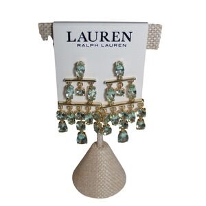 Lauren Ralph Lauren Aqua Blue Crystal Chandelier Drop Earrings Gold Tone NWT